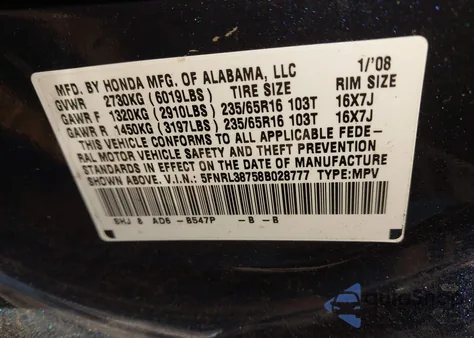 2008 Honda Odyssey Ex-L from USA, damaged, VIN 5FNRL38758B028777